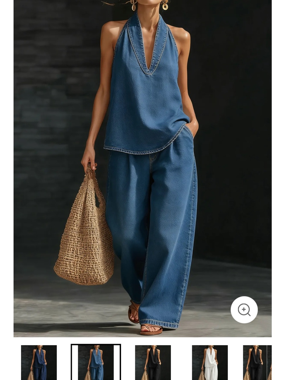 Blue Denim Halter Top and Wide-Leg Pants Set